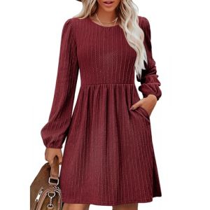 Zeagoo Robe-pull pour femme &agrave; manches longues - Robes d'hiver d&eacute;contract&eacute;es avec coupe ample - Robe de style patineuse en maille avec poches, rouge vin, XXL (Zeagoo direct, neuf)