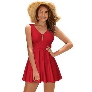 SHEKINI Vintage Ruched Femme Maillot de Bain 1 Pièce avec Jupette Rembourré Maillot Une Pièce Bikini Robe de Plage Amincissante Plissé Sport Eté Mode Beachwear?L?Rouge? (DODO BIKINI, neuf)