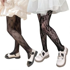 LOLANTA 2 paires de collants résille à motifs pour filles, collants en dentelle ajourée pour fête de carnaval, Fleur/nœud noir, 5-8 ans, M (LOLANTA, neuf)