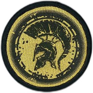 Bouclier de Spartiate 100% Brodé - Patch Airsoft France - Eccuson Patch - Patchs Militaires - Écusson France - Écusson sac a dos - Couleur Or - 75 x 75 mm (Atodaleche, neuf)
