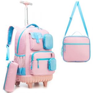 HTgroce Multipoche Cartable a Roulette Fille, Noire Sac Dos roulettes pour Filles, Sac a Roulette Fille pour Primaire Scolaire Cartable Roulette Fille CE2 (Lldaily EUR, neuf)