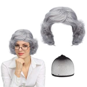 XNIVUIS 2 Pièces Perruque de Grand Mère avec Bonnet Perruque de Vieille Dame Perruque de Vieille Femme, Kit de Deguisement Grand Mere pour Halloween, Carnaval, Cosplay, Performance sur Scène (Grey) (QianRunS, neuf)