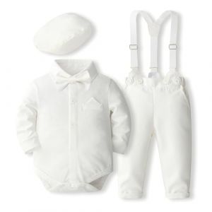 Volunboy B&eacute;b&eacute; Gar&ccedil;on Costume Gentleman, Noeud Papillon Chemise + Pantalon + Chapeau B&eacute;ret 5 Pi&egrave;ces(Taille 66,6-9 mois,Blanc Pur (Volunboy, neuf)