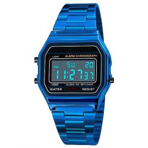Yuehuamech Montre de sport de luxe pour homme - &Eacute;tanche - En acier inoxydable - Avec r&eacute;tro&eacute;clairage LED - Horloge num&eacute;rique - Style d&eacute;contract&eacute; et tendance, bleu, 30m waterproof, Mode (Yumech, neuf)