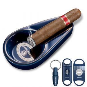 Cendrier &agrave; cigares en c&eacute;ramique avec coupe-cigare en V, guillotine &agrave; double lame et foret tranchant, cendrier incassable pour l'ext&eacute;rieur et l'int&eacute;rieur (Bleu) (Cigarking, neuf)