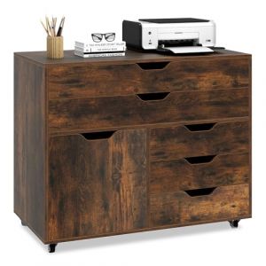 COSTWAY Caisson Bureau &agrave; roulettes 5 Tiroirs, &Eacute;tag&egrave;re R&eacute;glable, Caisson de Rangement pour A4, Lettre, Grand Placard, Support Imprimante 5 Roues avec 2 Frein (Marron Rustique,77,5 x 40 x 64 cm) (FDS GmbH, neuf)