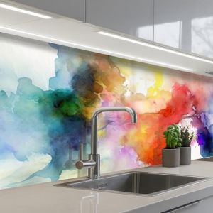 KitchenYeah© Credence Cuisine Adhesive 60x200 cm Protege Mur Revetement Mural Adhesif Parement Interieur À Coller Plaque Plastique Rigide Aquarelle - Arc-en-ciel - Abstrait - Art - Couleurs (KitchenYeah, neuf)