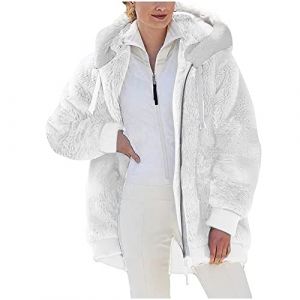 Susenstone Veste Polaire Femme Fille Chaude Sweats Manteau &agrave; Capuche Zipp&eacute; Laine &eacute;pais Blousons Fourrure Hooded Coat Manche Longue Cardigan Casual Bloc de Couleur Mode Hiver Outerwear, 12blanc, XXL (⭐⭐⭐⭐⭐Susenstone, neuf)