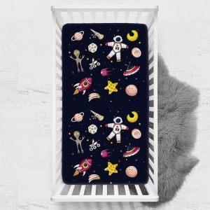 Odot Drap Housse pour Lit de Bébé, Impression de Ciel étoilé Draps Housses Enfants Respirant Douce Extensible Protège Matelas pour Lit Bébé, Berceau, Lit Parapluie (90x140 cm,Fusée) (Odot, neuf)