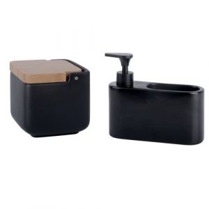 Kook Time Set d'accessoires de Cuisine - 1 x Pot a sel Cuisine avec Couvercle basculant en Bambou et 1 x Distributeur Liquide Vaisselle Porte Eponge pour Cuisine - Céramique Noir Mat et Bambou (Kook Shop, neuf)