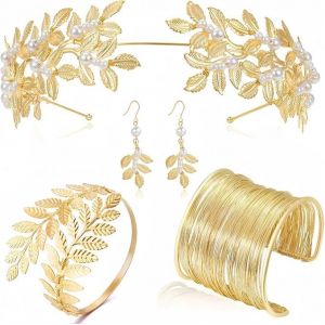 4 Pièces Déesse Grecque Bijoux, Serre Tete Couronne de Laurier Femme Fille Or, Bracelet Bras Manchette Doré Boucles d'Oreilles Déesse Grecque Costume Accessoires Déguisement Bandeau Cheveux Diademe (Moxiewell, neuf)