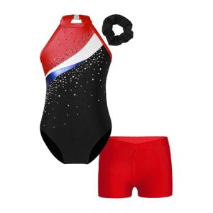 Oyolan Enfant Fille Justaucorps Gymnastique Strass avec Short Danse Gym Patinage Costume Spectacle Entraînement 5-16 Ans A Rouge 13-14 ans (Oyolan EU, neuf)
