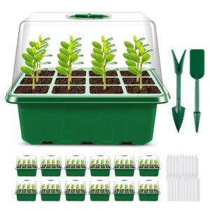 Qmioti 12 Pièces Mini Serre pour Semis, Plateau de Semis 144 Cellules, Bac à Semis de Propagation avec Dôme d'humidité, Kit de Germination de Serre pour Plantes de Semis, Vert (HBCKJ, neuf)