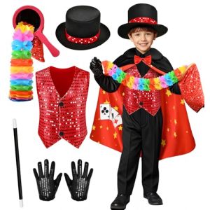 Mishopy Deguisement Magicien Enfant avec Cape Chapeau Baguette Magique Tour de Magie Accessoires Magicien Jeu de Rôle Noël Anniversaire Carnaval Halloween Costume pour Garcon Fille (S, 3-4 Ans) (Mishopy-EU, neuf)