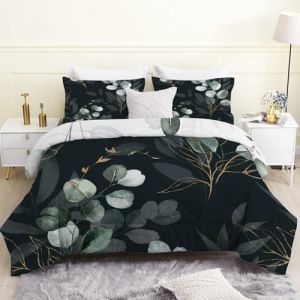 Linfye Couette 140x200 Enfant, Feuille D'Eucalyptus Noire Imprim&eacute;e 1 Personne L&eacute;g&egrave;re Chaude 4 Saisons, Plantes Vertes Douce R&eacute;versible Edredon et 2 Taies d'Oreiller 65x65 cm (Linfye Maison Confortable, neuf)