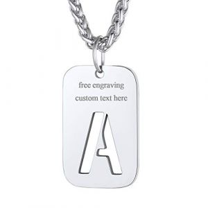 Plaque Militaire Personnalisable Pendentif Identi Femme Argent Collier Homme Lettre Initial Prénom Gravure Personnalisé Acier Inoxydable Chaine A Argenté Bijoux Cadeau Noël Fêtes des Mères Pères (FindChic Jewellery, neuf)