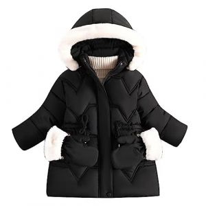 linboo Manteau Fille Doudoune Chaud Veste &agrave; Polaire Enfant Blouson d'Hiver &agrave; Capuche Fourrure Epaisse Rembourr&eacute; Parka avec Gants, Noir, 7-8 ans (TBONBON-EU, neuf)