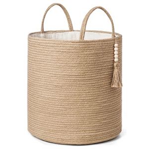Mkono Grand panier &agrave; linge en osier tiss&eacute; - Panier de rangement d&eacute;coratif en corde naturelle - D&eacute;coration de perles en bois pour couvertures, jouets, v&ecirc;tements, chaussures, plantes - Panier de (Mkono EU, neuf)