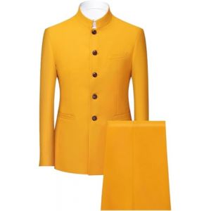 JEShifangjiusu Costume Tunique Chinoise 2 Pièces Uniforme Traditionnelle pour Hommes Ensemble Blazer à Col Mandarin Ensemble Pantalon Veste Boutonnée Robe de Marié (Jaune,M) (Huabaohua[7-12 Deliverly], neuf)