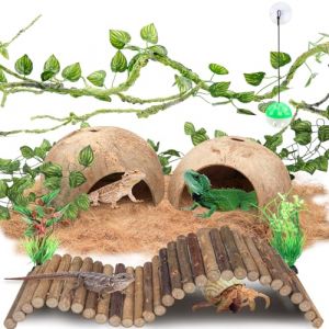 QUOZUO Accessoires de réservoir de gecko à crête, plantes grimpantes pour reptiles, plantes grimpantes avec coquilles de noix de coco, pont, cachette, ermite, crabe, décoration pour dragon barbu (Jingfeng Store, neuf)