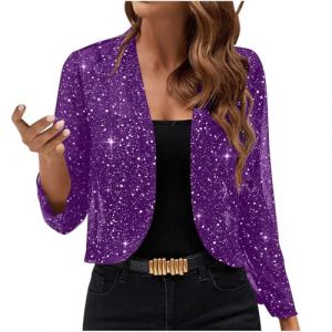 NZYIHAO Cardigan &agrave; paillettes pour femme - Court - Ouvert - Manches longues - Bol&eacute;ro fin et &eacute;l&eacute;gant - Sans boutons - Veste bol&eacute;ro en maille fine - Veste de transition, Violet, M (JCRZZ, neuf)