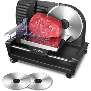 Trancheuse Electrique 200W à Jambon et Saucisson, 2 Lames Détachable de 19 cm, 0-15 d'épaisseur Précise, Commutateur de Rainure pour Utilisation Sûre, Pour Pain, Jambon, Fromage, Viande (Fuduosii, neuf)