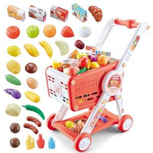 KalaDuck Supermarché Chariot de Courses Enfant, 31Pièces Chariot Course Jouet avec Accessoires de Fruits Légumes Nourriture, Jeux de Rôle Caddie D'épicerie Magasin pour Garçons et Filles (Rouge) (XUANYU LTD, neuf)