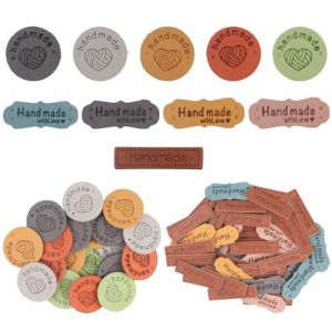 &Eacute;tiquettes Faites &agrave; la Main en Cuir PU, Lot de 70, &Eacute;tiquettes en Cuir &agrave; Coudre, &Eacute;tiquette &agrave; Coudre artisanales avec Trous & C&oelig;ur d'Amour pour le Tricot, Crochet et Couture DIY (AoLongAo, neuf)