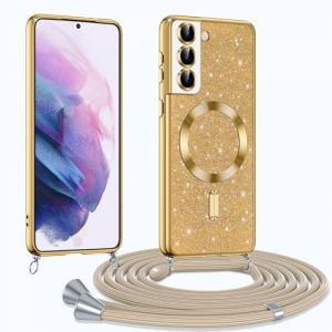 Phoona Coque pour Samsung Galaxy S21 5G avec Cordon, Etui &agrave; Paillettes Compatible avec MagSafe, Antichoc Protection Coque pour Magn&eacute;tique avec R&eacute;glable Collier, Dor&eacute; (WEST COAST KNITWEAR EU, neuf)