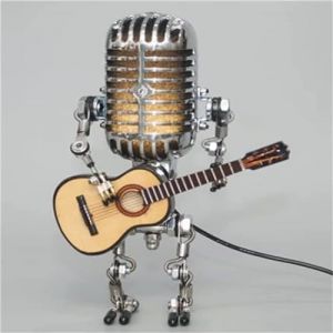 Lampe de bureau vintage avec micro robot en métal avec mini guitare 450 g, lampe à variateur tactile robot, lumière vintage, décoration d'intérieur, table de nuit, lampe de bureau pour chambre, bar, (XIANGXINZIJI, neuf)