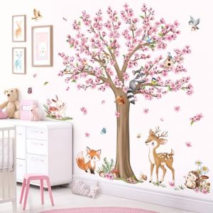 decalmile Stickers Muraux Fleurs de Cerisier Rose Arbre Grand Autocollant Mural Foret Animaux des Bois Renard Cerf Décoration Murale Chambre Enfants Bébé Salon (DecalMile Direct, neuf)
