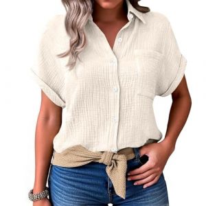 Chemisier Femme Manches Courtes Col V Boutons et Poches Chemise Gaze de Coton Blouse Femme Chic et élégant Tunique Lin Grande Taille Lâche Respirant Haut Ete, Beige, XXL (Zawalud, neuf)