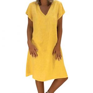 Robe d'&eacute;t&eacute; en lin pour femme - Grande taille - Col en V - Manches courtes - Mode ample - Longueur genou - Couleur unie - Robe tunique - Robe de plage l&eacute;g&egrave;re et confortable, b-jaune, XL (Kanpola (Magasin vieux de 10 ans), neuf)