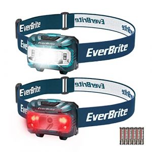EverBrite Lampe Frontale avec 3 Lumières Blanche, Rouge et Verte, 300 LM, 5 Modes d'Eclairage, Torche Frontale Réglable pour Pêche, Camping, Lecture, Randonnée, 6 Piles AAA Incluses (Bleu) (GreatStarTools, neuf)