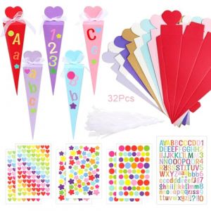 32 Pièces Schultüte Schultüte Gefüllt Gefüllte Schultüte Mädchen Cornet Surprise DIY Sac à Sucre Pliable pour Le Premier Jour d'École Sac d'École pour Frères Et Sœurs avec Autocollants Ruban (PENG ZHIJIAN, neuf)