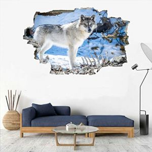 Loup Sticker Mural 3D Animal Stickers Muraux Smashed Art Imperméable Neige Tatouage Mural En Vinyle Pour Enfants Chambre Salon Salle De Jeux Bébé Pépinière Décor À La Maison 75x113cm (New Mato, neuf)