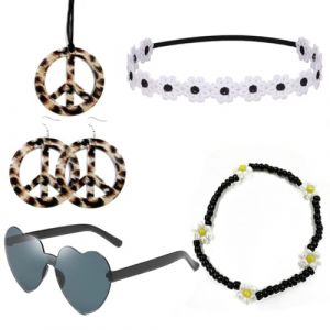 5 Pi&egrave;ces Accessoires Hippie Deguisement Hippie Lunettes hippie collier boucles d'oreilles et bracelet signe de paix pour une soir&eacute;e musicale ann&eacute;es 60/70(L&eacute;opard) (ANETTEE GLOBALISS, neuf)