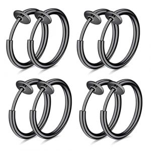 LEPZUR Fausse Boucle D'Oreille Homme, 4 Paires De Boucles D'Oreilles Clips En Acier Inoxydable, Sans Per&ccedil;age, Noir, Anneaux Et Cr&eacute;oles, 10Mm (GloriseGO, neuf)