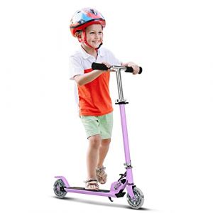GOPLUS Trottinette Enfant Pliable, 2 Roues Lumineux, Poignée Hauteur Réglable, avec Frein sur Roue Arrière pour Enfant 4-13 Ans, Charge Max 70KG, 70 x 10 x 63-86CM (Violet éclair) (Augenstern24, neuf)