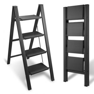 Yakimz Escabeau pliable en aluminium à 4 marches - Marchepied antidérapant - Petit et compact - Charge maximale : 150 kg - Pour la maison, le bureau, l'étagère de rangement portable (noir) (HITGROW, neuf)