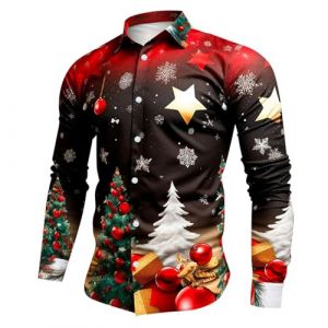 Chemise de Noel Homme Manches Longues Rouge Tee Shirt 3D Imprimer Pull de Noel Moche Cadeaux No&euml;l Chic Chemisette Mode Vetement sans Repassage Grande Taille (YINYUAN（Livraison en 5 &agrave; 8 jours), neuf)