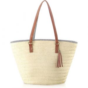 LATRAT Sac à main en paille pour femme - Grand sac en osier tressé - Sac à main en raphia avec fermeture éclair et bandoulière en cuir - Beige (LATRAT Direct, neuf)