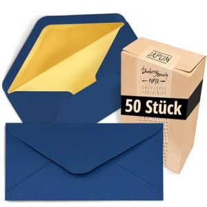 Japun - enveloppes (50 pièces), enveloppe sans fenêtre - DIN long - 220 x 110 mm - intérieur : or - couleur du papier : bleu (Nature Nerds GmbH, neuf)