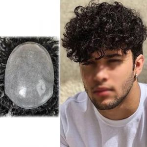 Postiche afro frisé et bouclé pour homme, postiche en polyuréthane synthétique, système de remplacement pour prothèse capillaire fine, cheveux noirs(BLACK,13 * 18cm) (ZBYXPP., neuf)