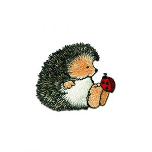 Ecusson - Margaret Sherry hérisson avec coléoptère animal enfants - gris - 4,6x5,5cm - patches brode appliques embroidery thermocollant (catch-the-patch, neuf)