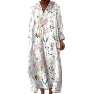 Robe Ete Femme Mi Longue Fluide Coton Chemise Robes Manches Longues Ample Casuel A-Line Imprim&eacute; Fleur Robes Col V Ronde Boh&egrave;me Robe De Soiree Femme Vintage Dress pour F&ecirc;te Travail (Anglekie, neuf)