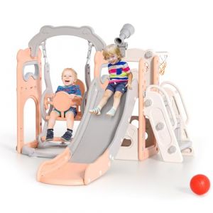 Krovtoy Toboggan pour Enfants épaissi et élargi,Toboggan Extra-Long de170 cm,Toboggan pour Tout-Petits autoportant avec Panier de Basket,équipement de Jeu pour Toboggan pour bébé(Beige Rose -6 en 1) (BEE BALL LIMITED, neuf)