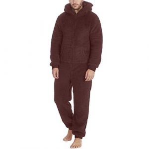 YOSUWOAI Combinaison en polaire pour homme - Pyjama une pi&egrave;ce moelleux et doux - Combinaison douillette et chaude - Pyjama confortable - Pyjama d'hiver long avec capuche, O Marron., M (LDeianp, neuf)