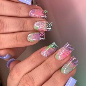Presse carrée courte sur ongles Conseils français Faux housses complètes avec motifs floraux Baguette acrylique artificielle Ongles (sheQImaoYI, neuf)