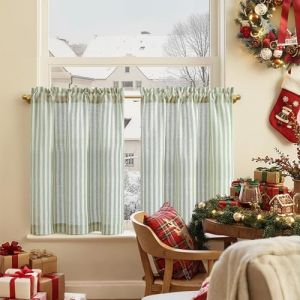 TOPICK Rideaux de Cuisine Court Brise Bise Placard &agrave; Rayures 65L X 60H cm, Rideau en Effet Lin Ray&eacute; Vert et Beige Translucide &agrave; Passe-Tringle, D&eacute;coration Int&eacute;rieur Pour Portes Fenetre Chambre Lot de 2 (Audrey Home Fashion, neuf)